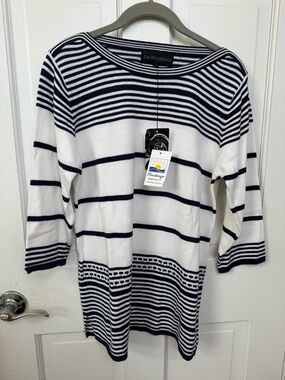Women's Navy and White Striped Boatneck Top